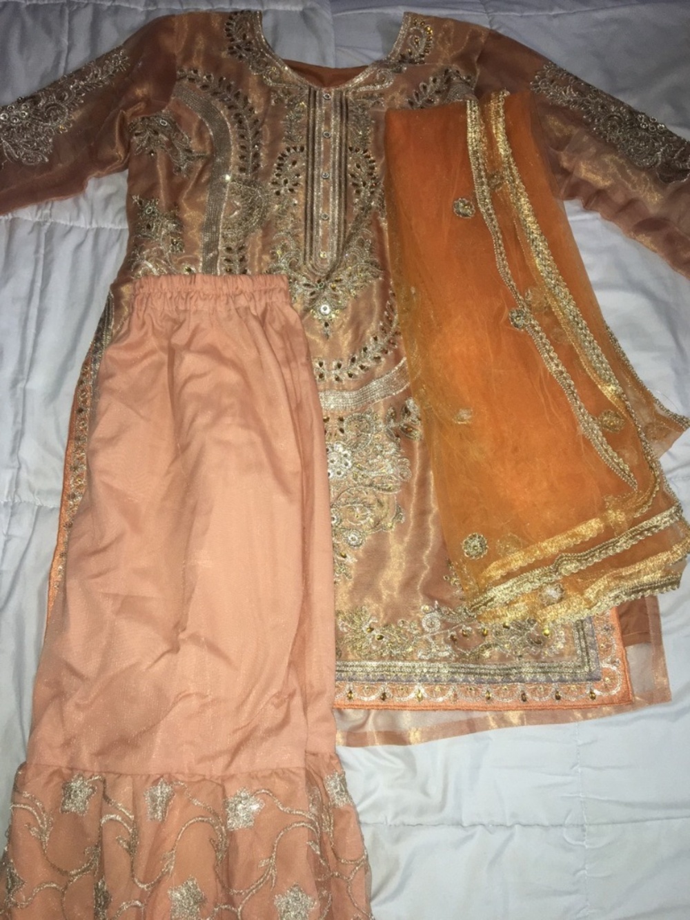 Orange and Gold Pakistani Embroidered Sharara Suit